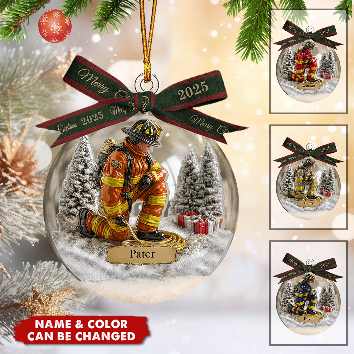 Proud Firefighter - Personalized Firefighter Snow Globe Ornament With Bow
