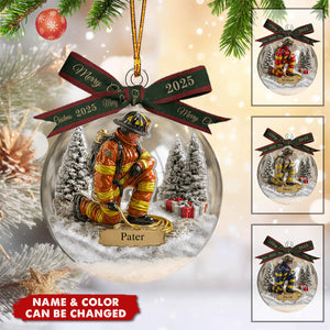 Proud Firefighter - Personalized Firefighter Snow Globe Ornament With Bow
