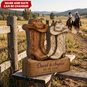 Western Wedding Mr and Mrs - Personalized Wooden 4-Layer Block