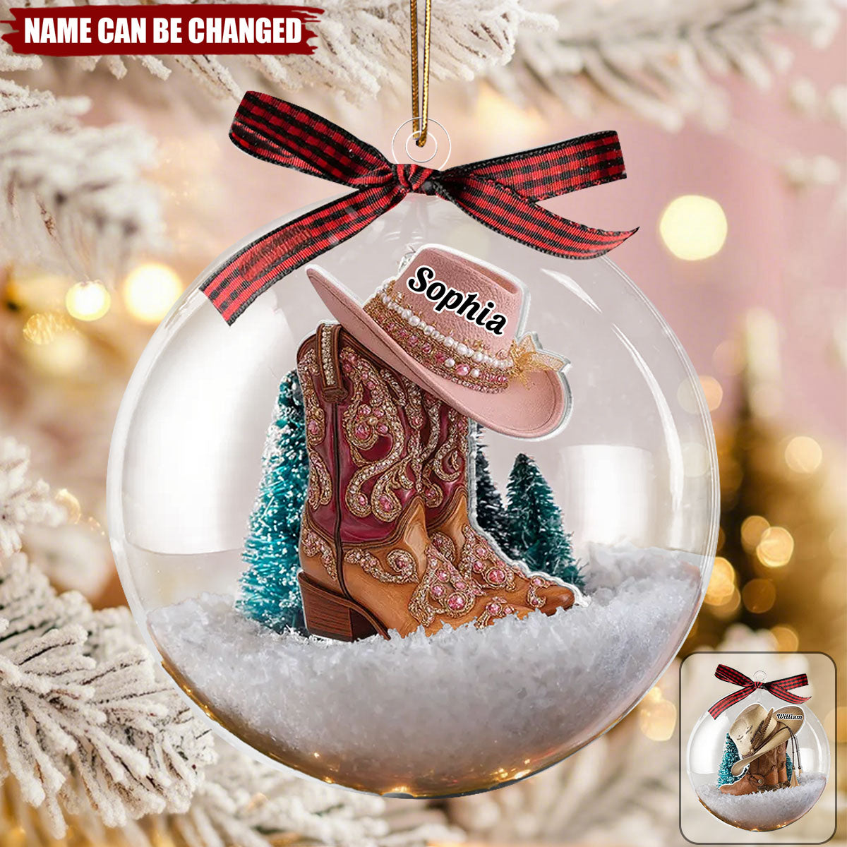 Boots And Hat Cowboy Cowgirl Name - Personalized Snow Globe Ornament