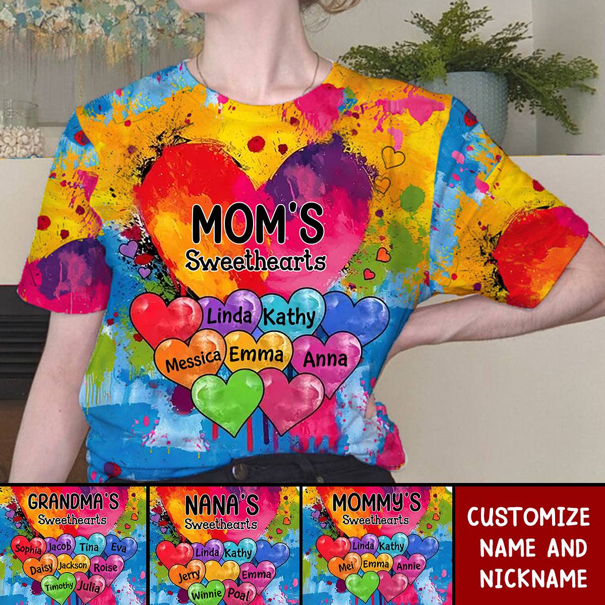 Vibrant Heart Paint Splatter Grandma Mom Kids Personalized 3D T-shirt