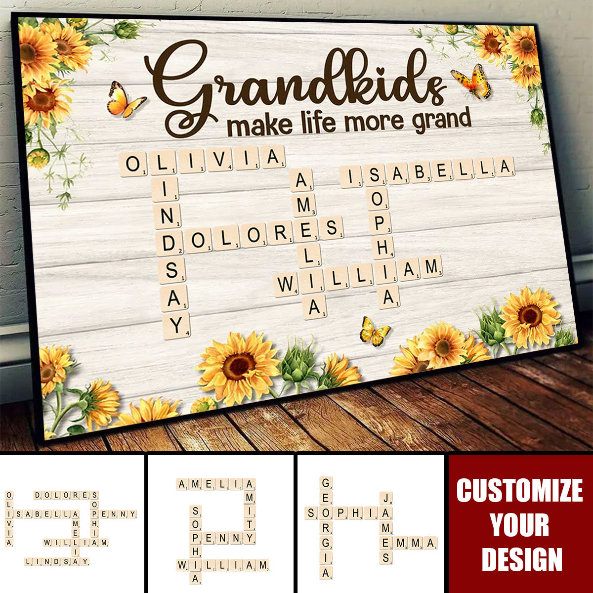Grandkids Make Life More Grand Crossword Puzzle Sunflower Personalized Poster, Gift For Grandma