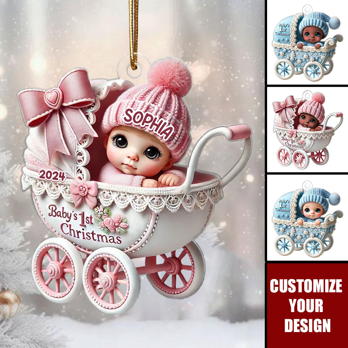 Newborn Baby In Carriage Christmas Personalized Acrylic Ornament