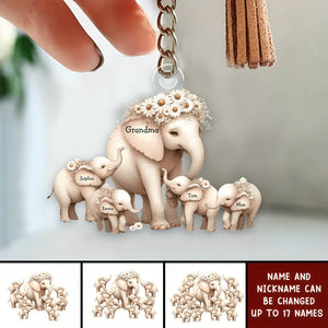 Personalized Acrylic Keychain - Elephant Grandma With Kids