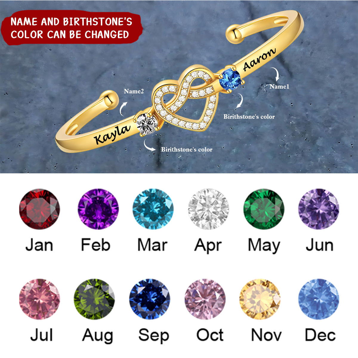 Love Knot Heart Birthstone Cuff Personalized Couple Bracelet,Gift For Loved One