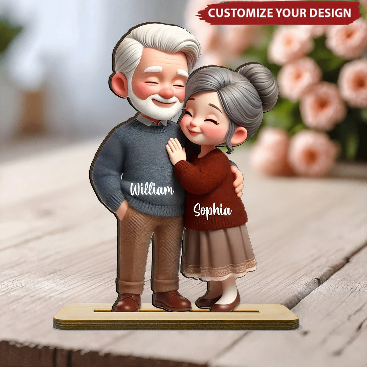Old Couple Embracing Personalized Standing Wooden Plaque