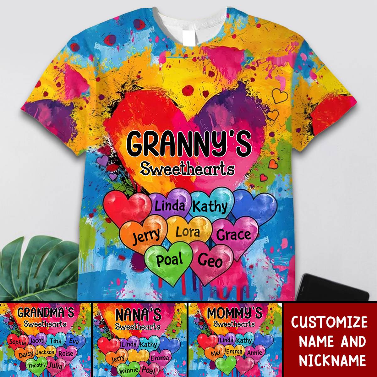 Vibrant Heart Paint Splatter Grandma Mom Kids Personalized 3D T-shirt