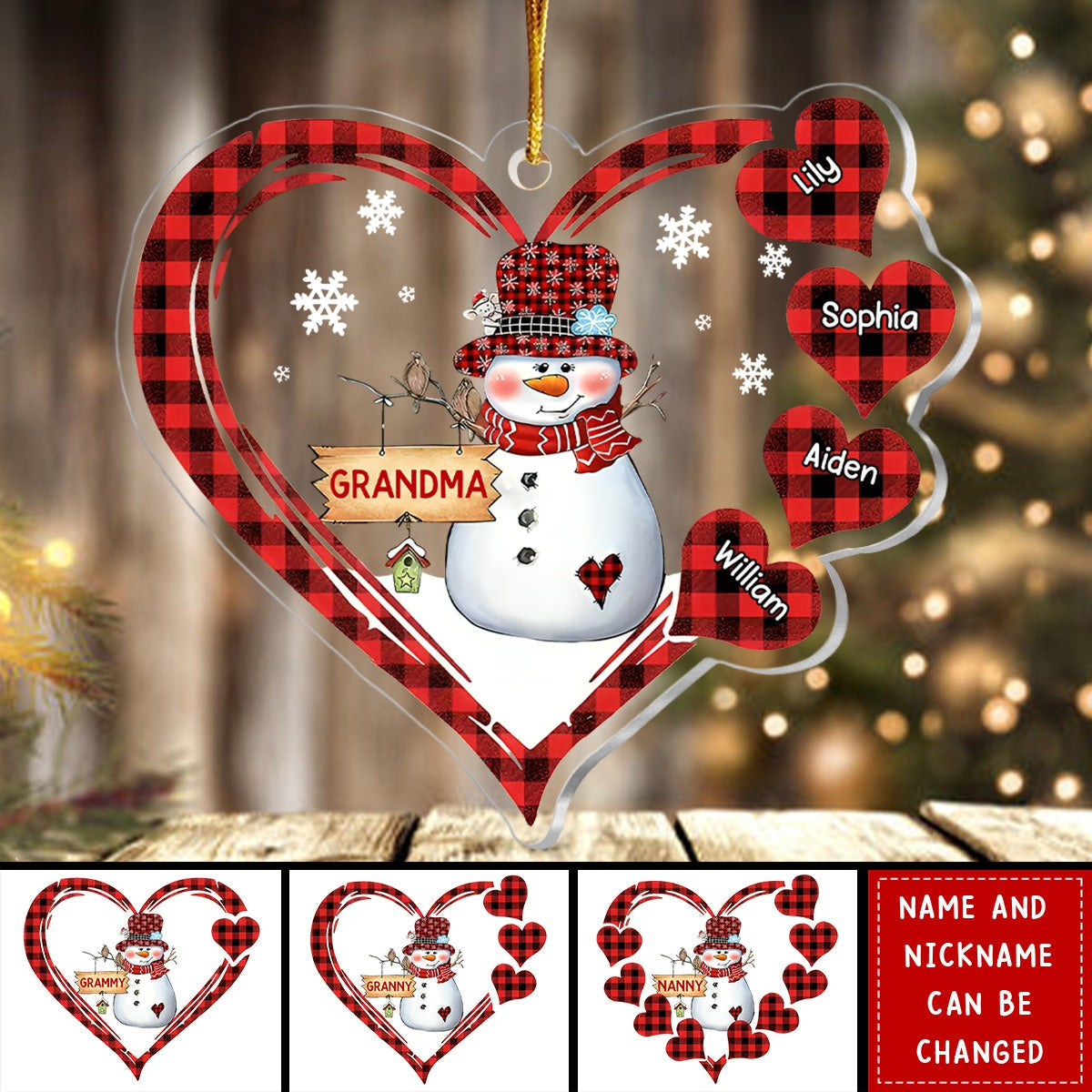 Personalized Grandma Snowman Heart Ornament