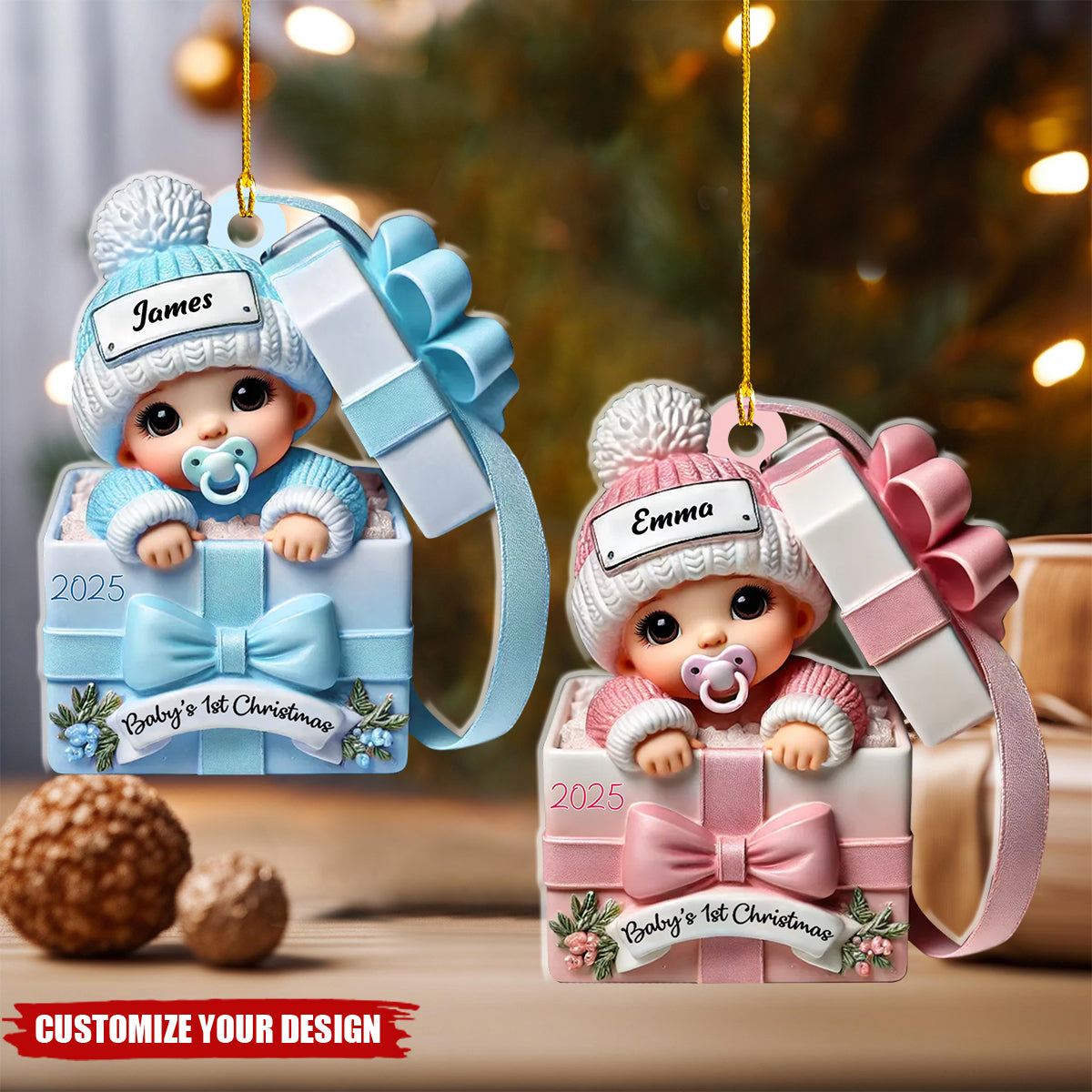 Baby Inside Gift Box 3D Effect Personalized Acrylic Ornament, Lovely Keepsake to Celebrate Baby's First Christmas