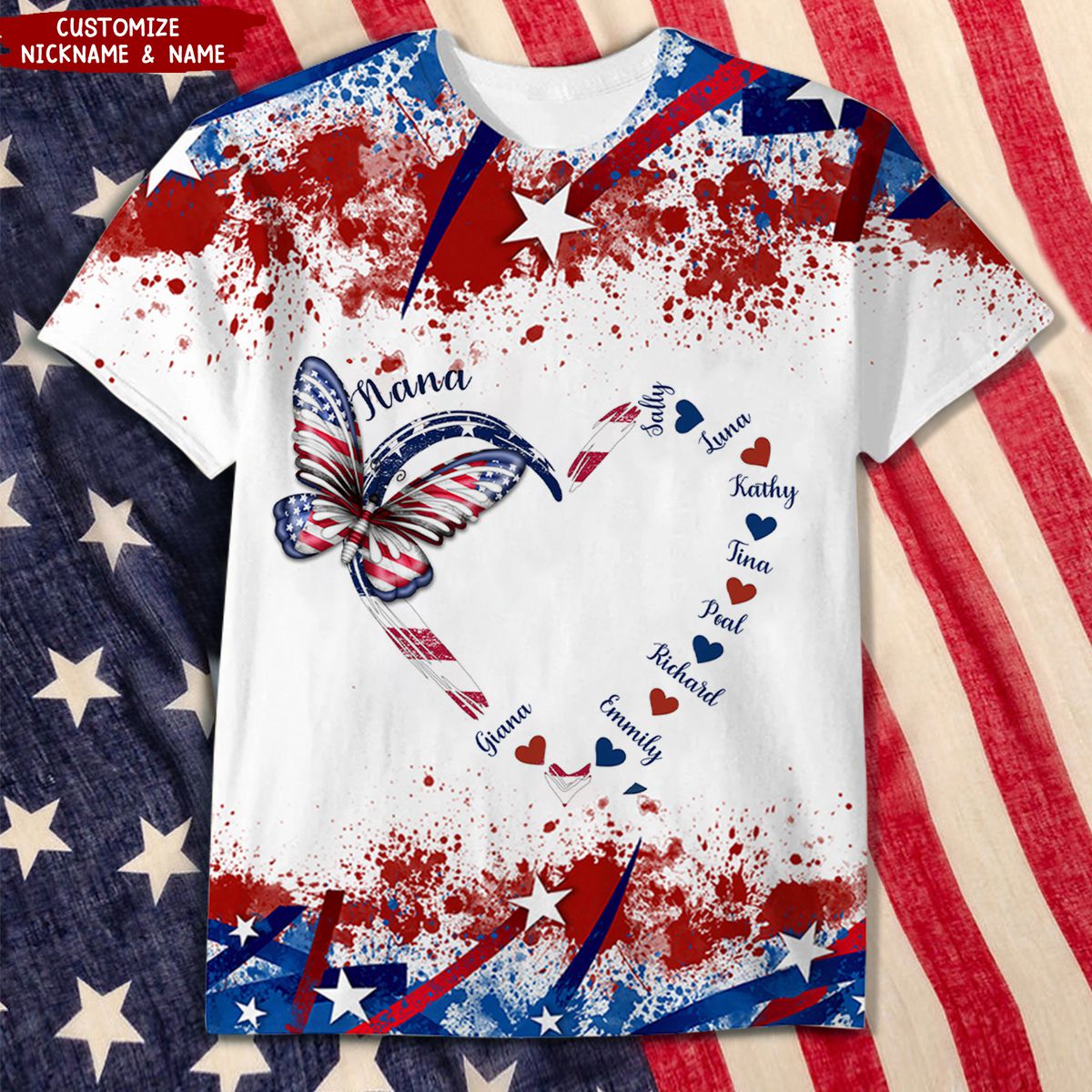 Heart Kids Butterfly Grandma 4th of July Personalized 3D T-shirt