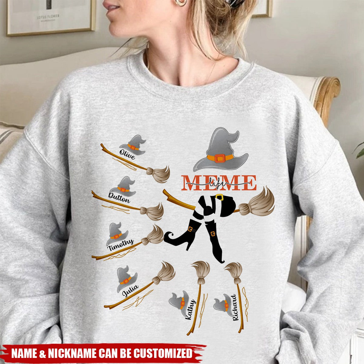 Grandma, Mom Witch Flying In Broom With Broom Kids Around Personalized Sweatshirt