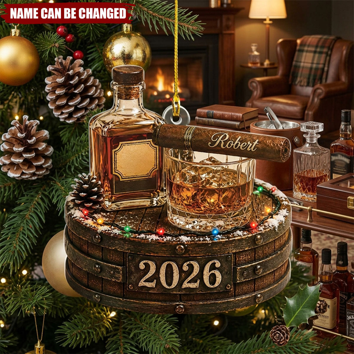 Personalized Whiskey Christmas Ornament, Custom Bourbon Lover Gift, 2026 Bar Decor, Whiskey Barrel Ornament, Cigar Lover Gift