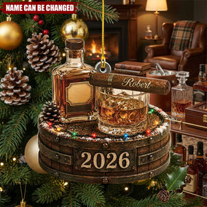 Personalized Whiskey Christmas Ornament, Custom Bourbon Lover Gift, 2026 Bar Decor, Whiskey Barrel Ornament, Cigar Lover Gift