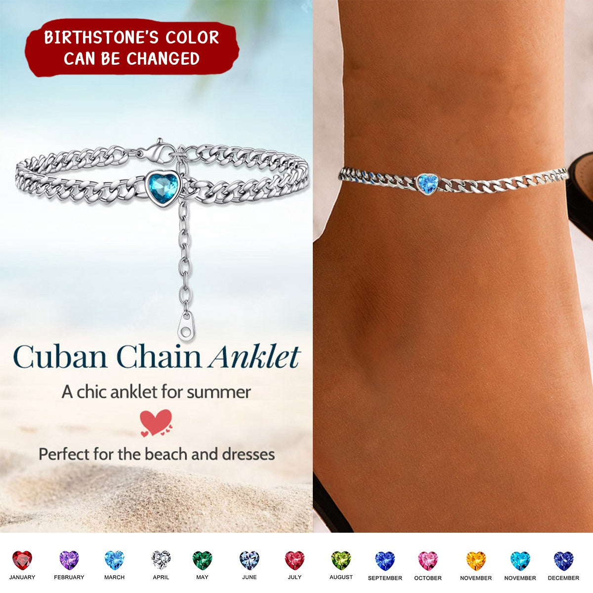 Personalized Cuban Link Heart Birthstone Anklet for Women
