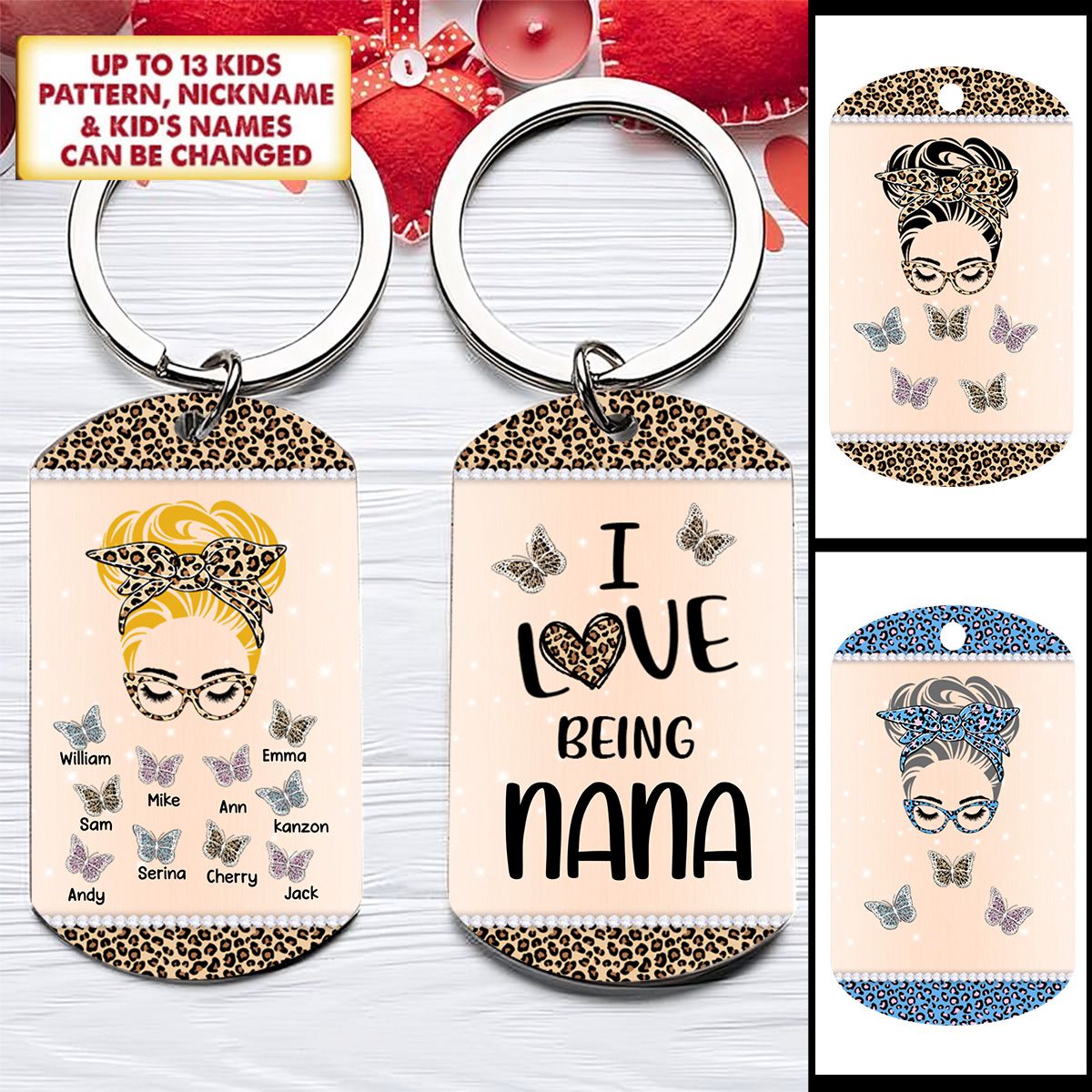 Personalized I Love Being Nana Butterfly Messy Bun Stainless Steel Keychain Nana With Grandkids Name Keychain