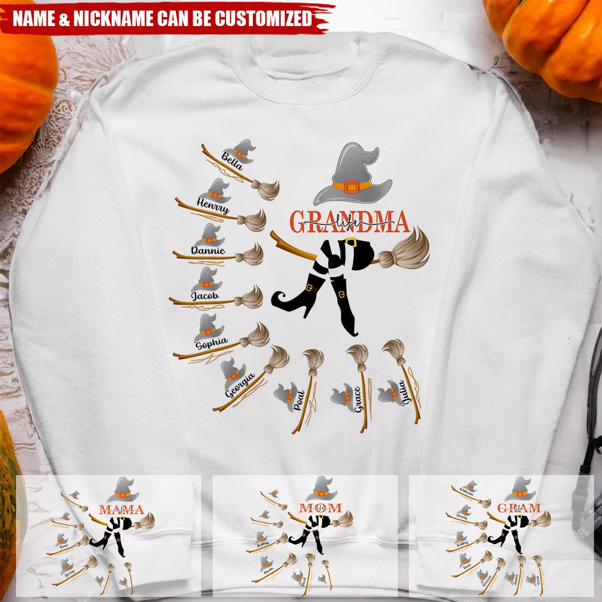 Grandma, Mom Witch Flying In Broom With Broom Kids Around Personalized Sweatshirt