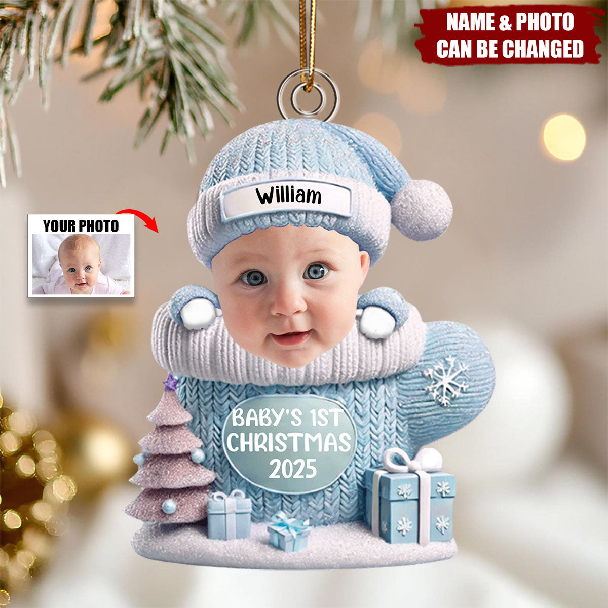 Baby In Mitten - Custom Photo Baby’s 1st Christmas Acrylic Ornament