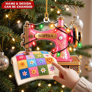 Personalized Sewing Machine Acrylic Ornament , Custom Quilter Christmas Decor,