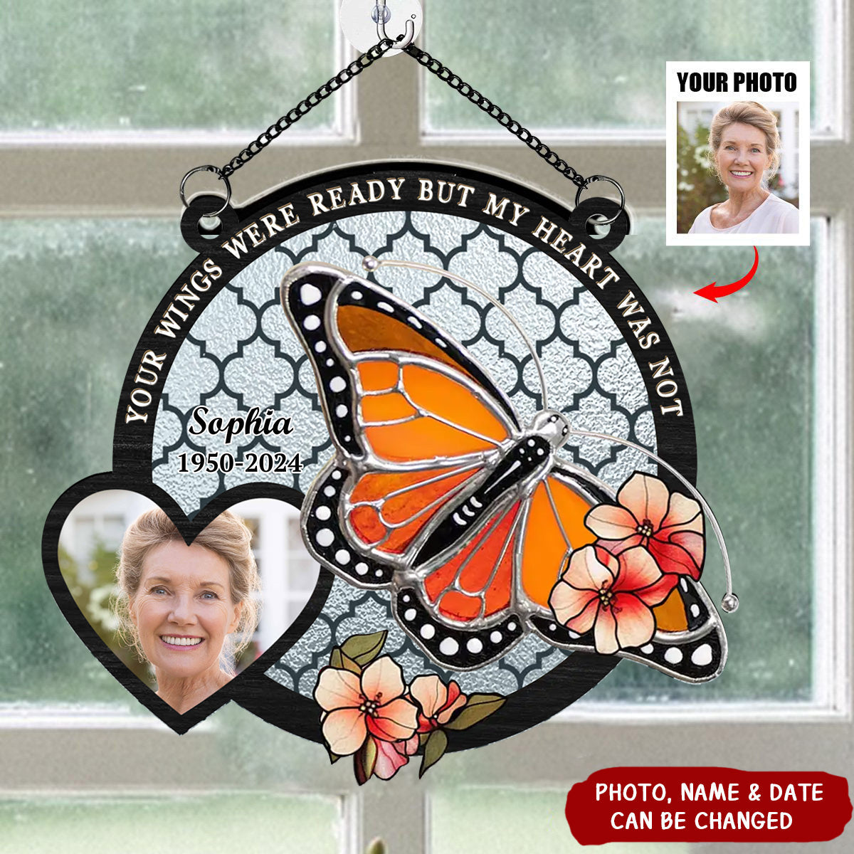 Personalized Memorial Photo Cardinal Butterfly Window Hanging Suncatcher Ornament