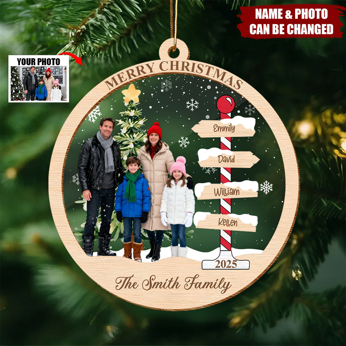 Custom Photo Family & Name Christmas Tree 2 Layers Ornaments