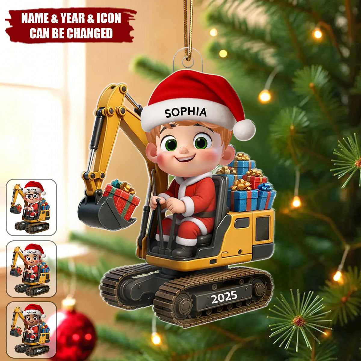 Cartoon Kid And Christmas Excavator Personalized Acrylic Ornament