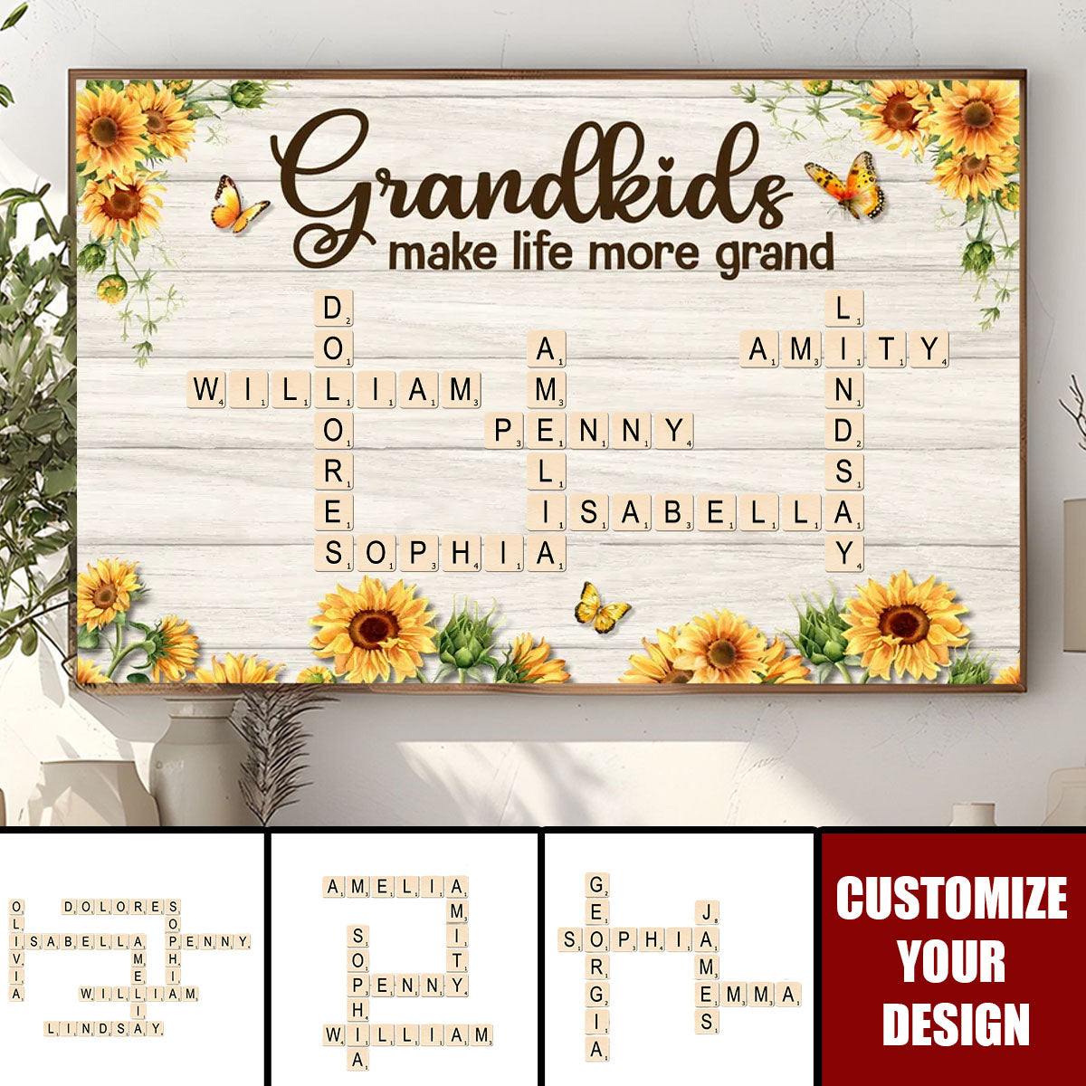Grandkids Make Life More Grand Crossword Puzzle Sunflower Personalized Poster, Gift For Grandma