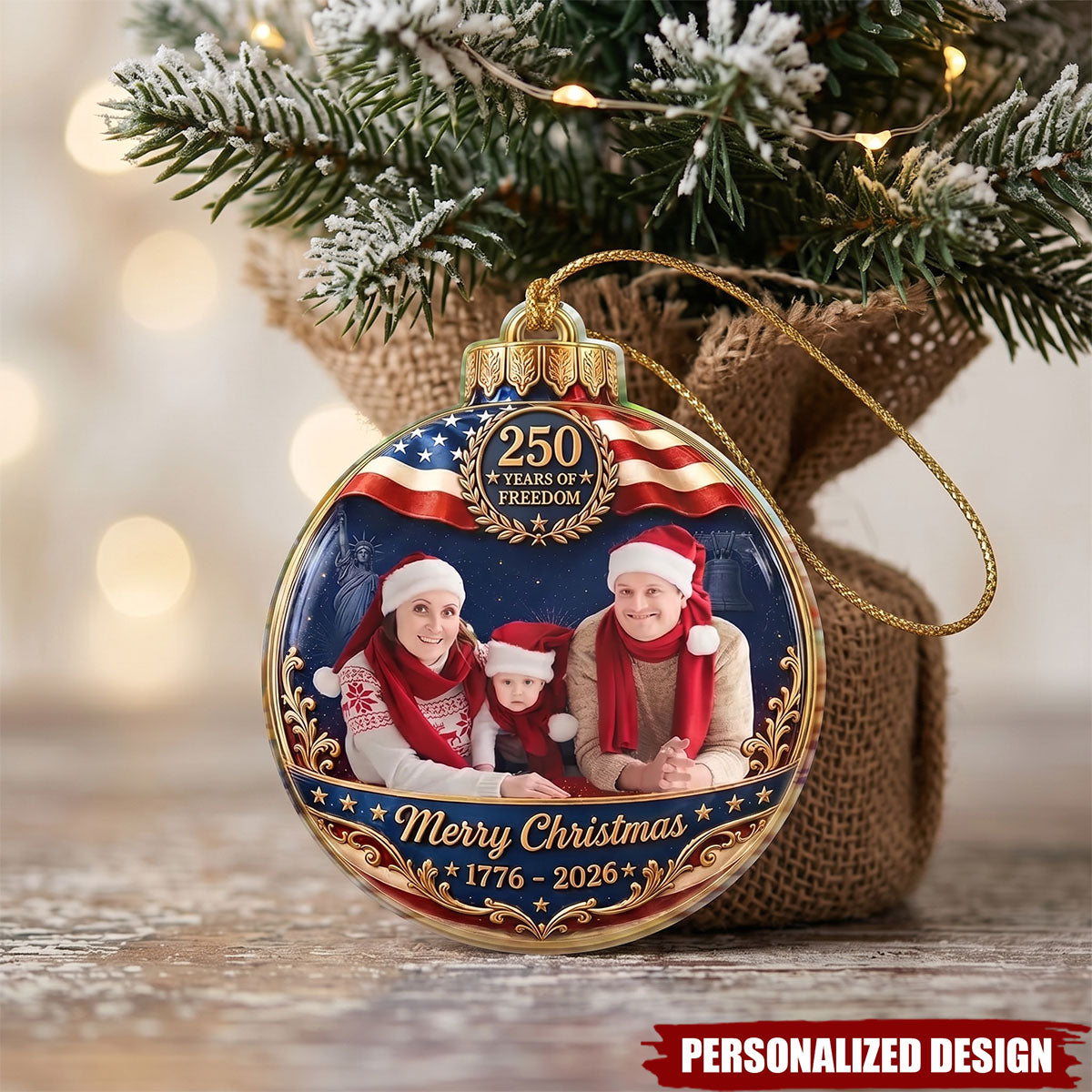 Custom Photo Family Merry Christmas 250 Years Of Freedom - Personalized Custom Shaped Acrylic Ornament