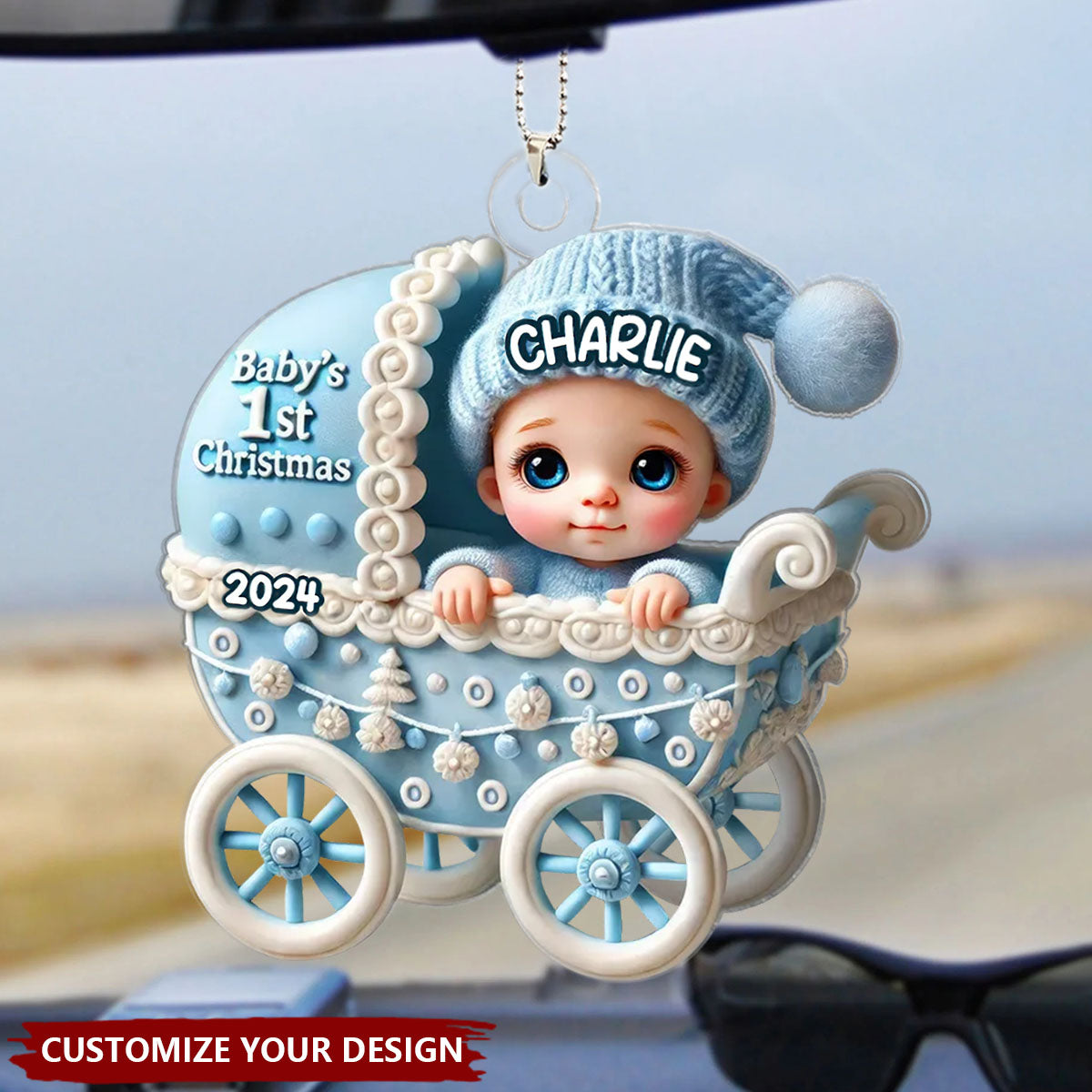 Newborn Baby In Carriage Christmas Personalized Car Ornament