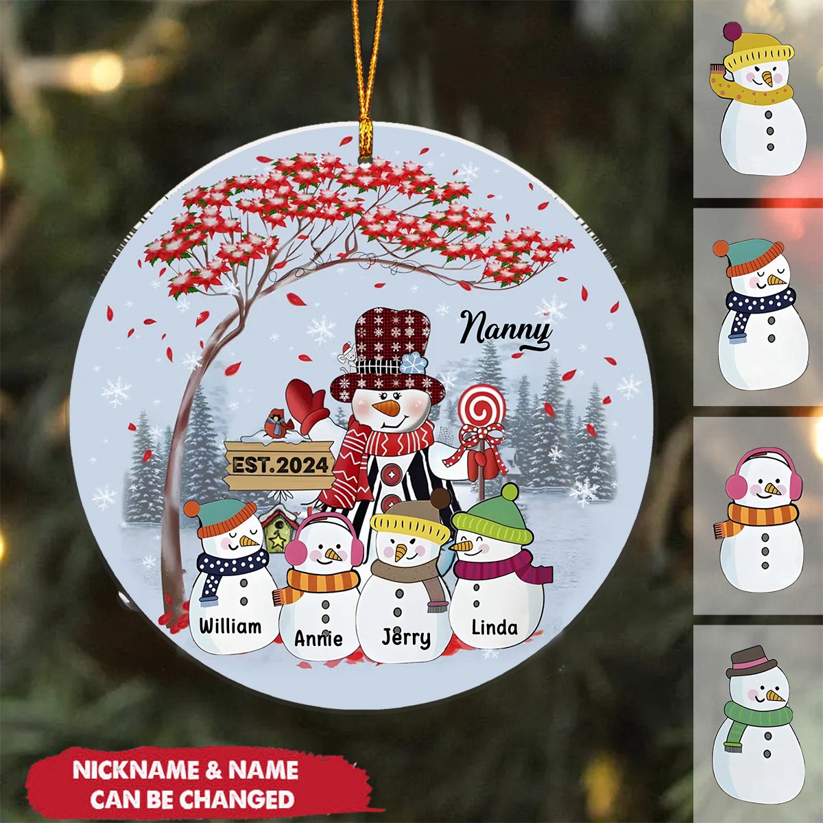 Grandma Snowman With Little Snowman Kids Under Tree Personalized Acrylic Ornament