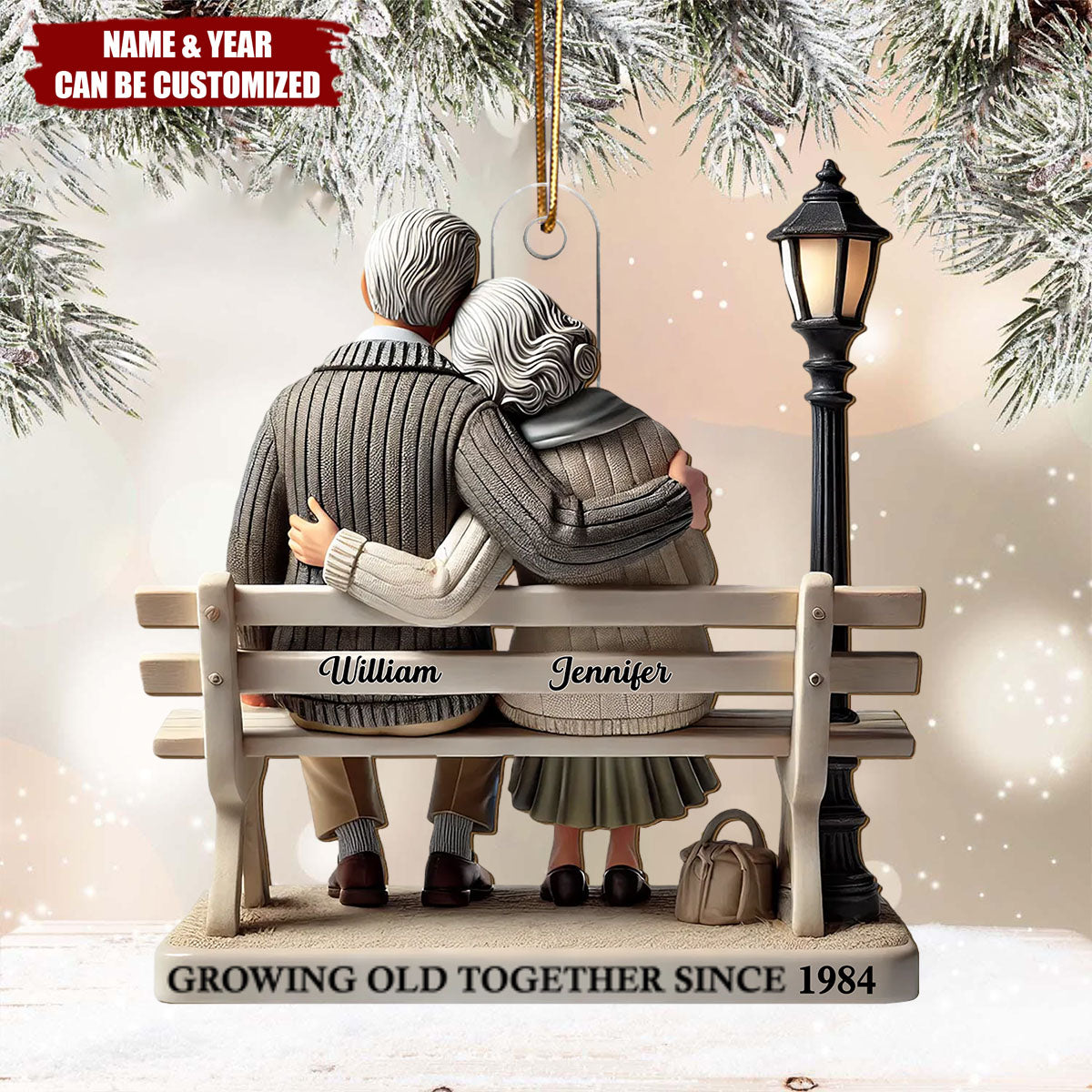 Old Couple Sitting On Bench At The Park - Personalized Acrylic Christmas Ornament