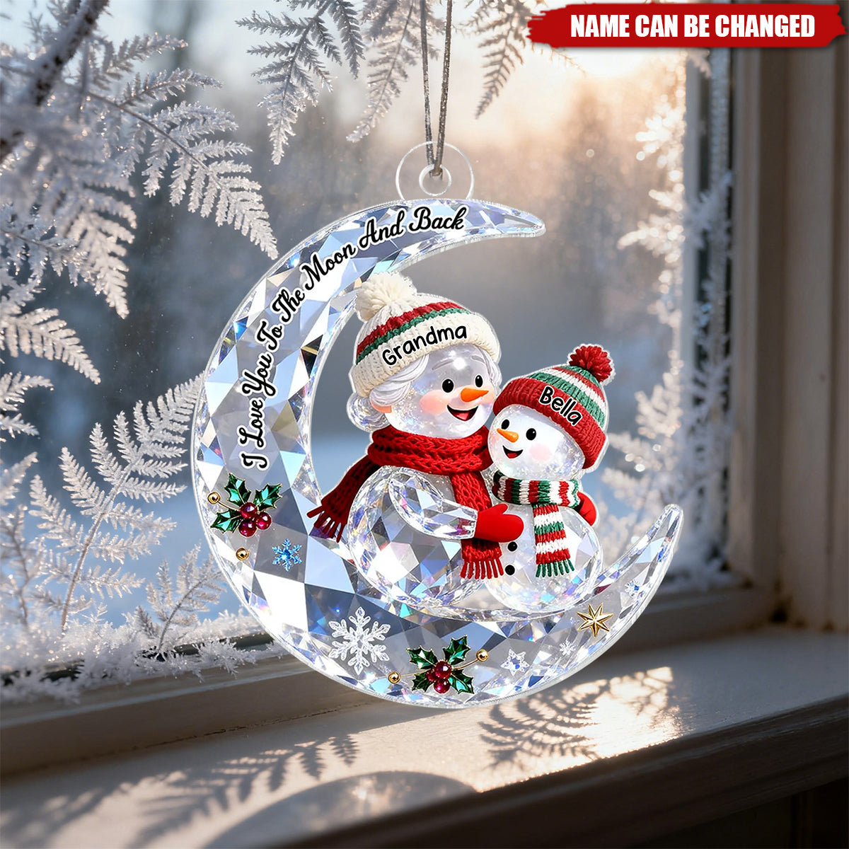3D Crystal Effect Grandma Grandkid Snowman On Moon - Personalized Acrylic Ornament