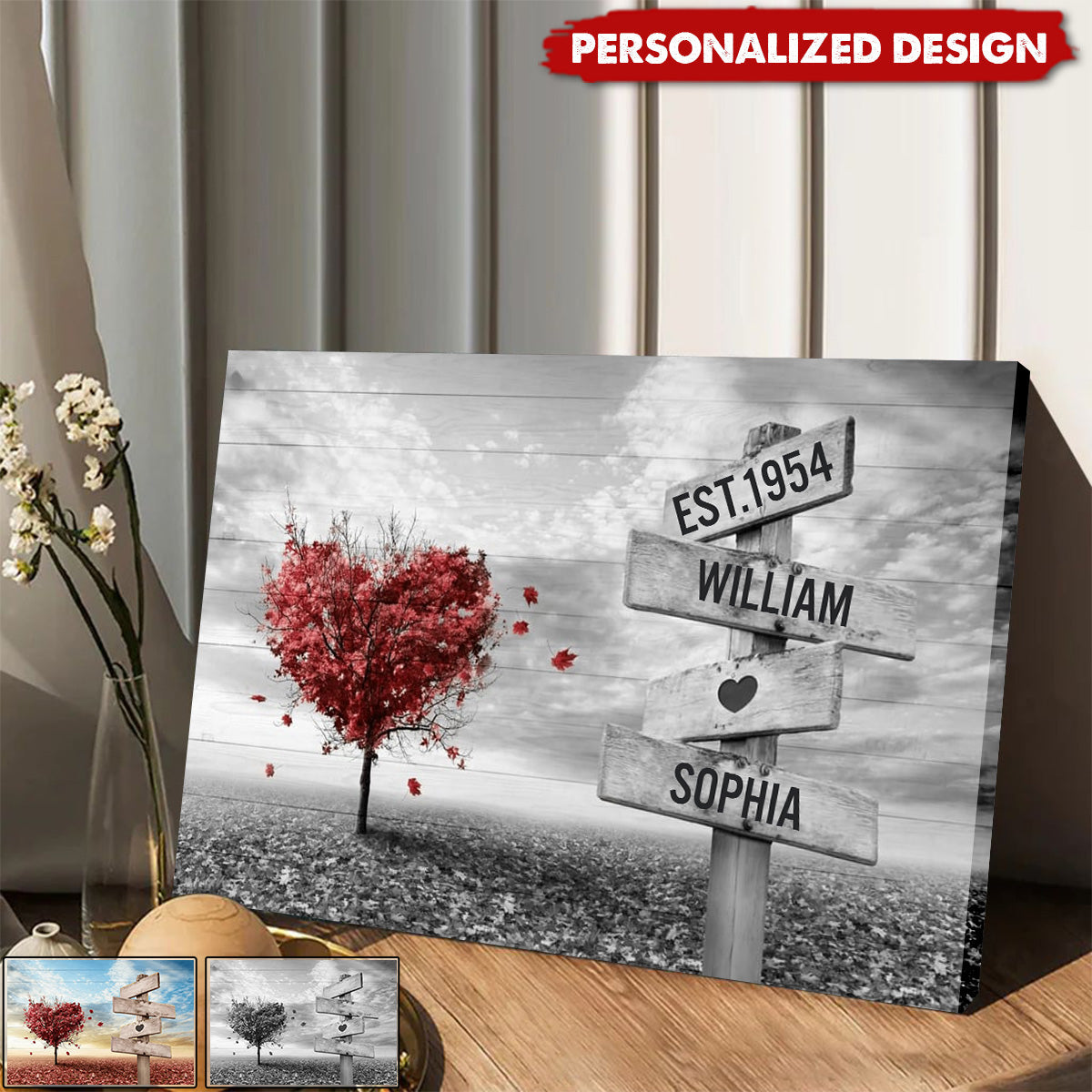 Personalized Heart Tree Couple Canvas Name Sign, Gift for Husband and Wife Bedroom Wall Art