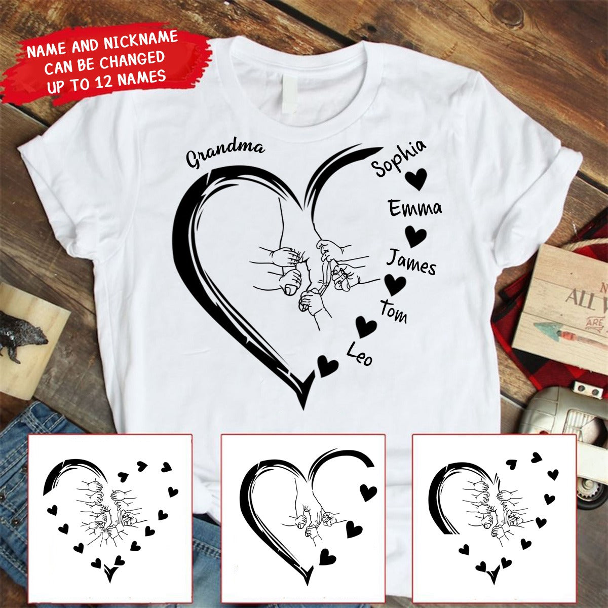 Personalized Grandma Mama And Kid Hands Heart Shirt