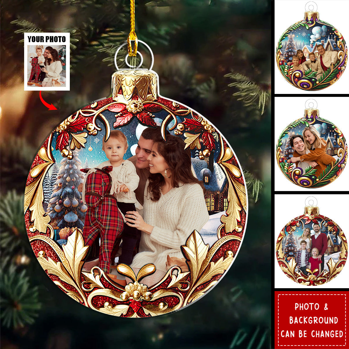 Custom Photo Christmas Ball With Floral Pattern Personalized Acrylic Ornament