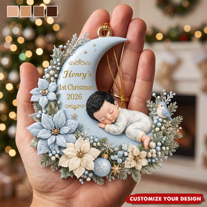 First Christmas Baby Boy Girl on Floral Moon - Personalized Acrylic Ornament - Christmas Gift for New Mom, Dad