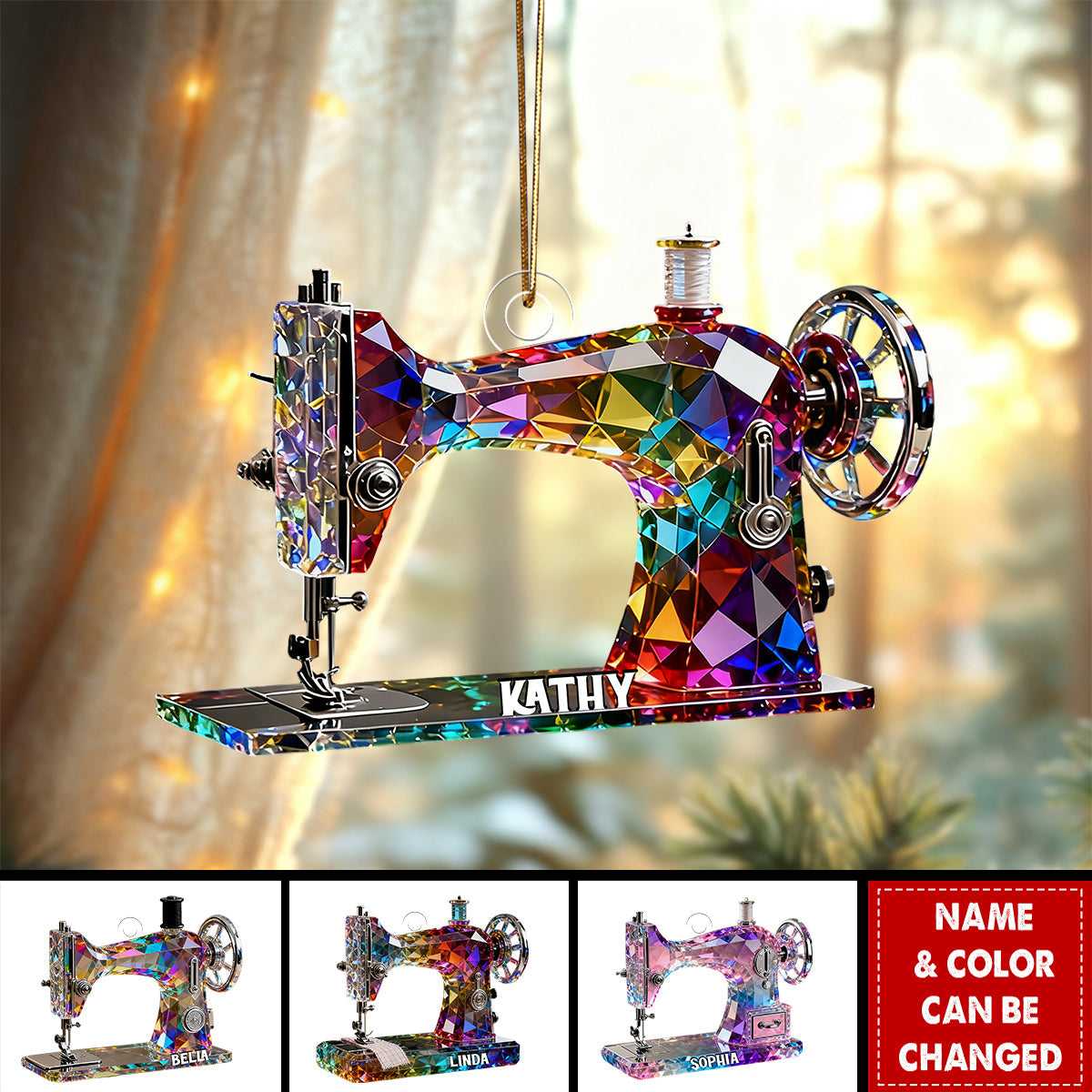 Stained Glass Effect Sewing Machine Custom Name Acrylic Ornament, Gift For A Tailor