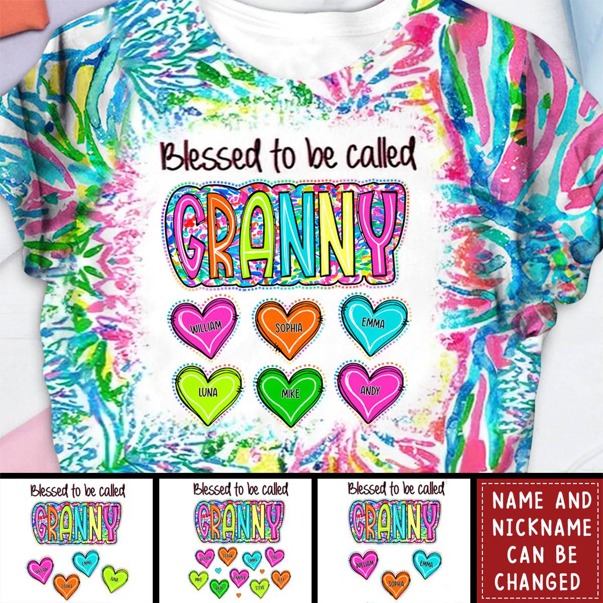 Grandma Nana Gigi Scribble Doodle Sweetheart Grandkids Personalized 3D T-shirt