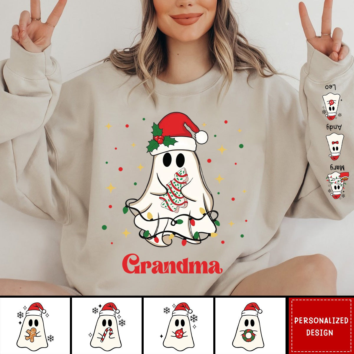 Christmas Cute Boo Grandma Grandkids Personalized Sleeve Printed Sweatshirt