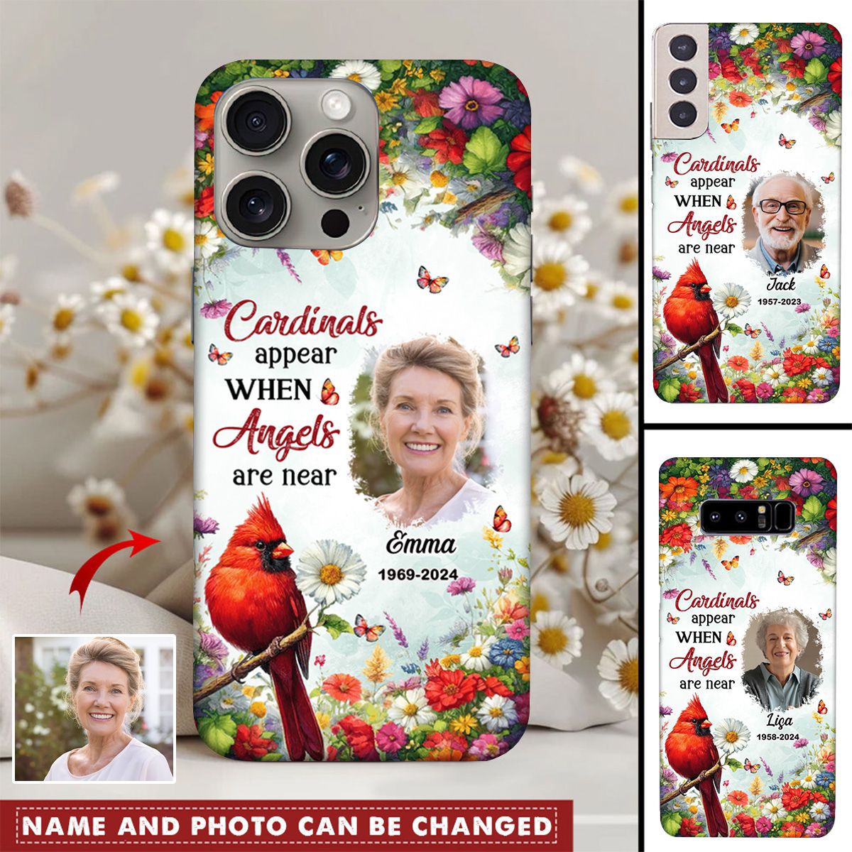 Memorial Red Cardinal Floral Upload Photo, Cardinals Appear When Angels Are Near Personalized Phone Case