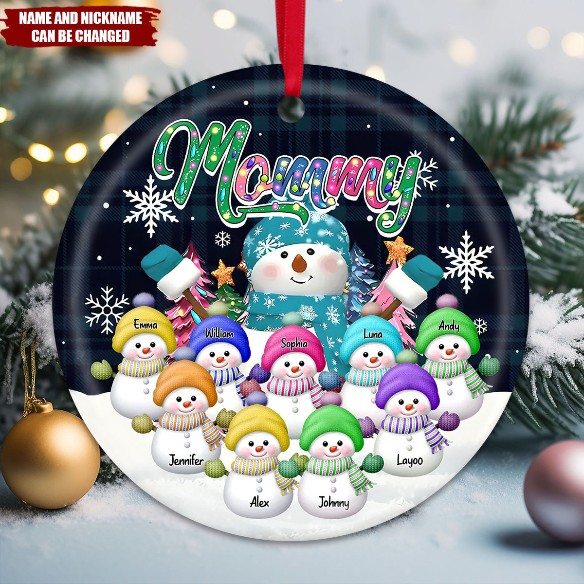 Personalized Grandma Snowman & Kid Christmas Tree Circle Ceramic Ornament