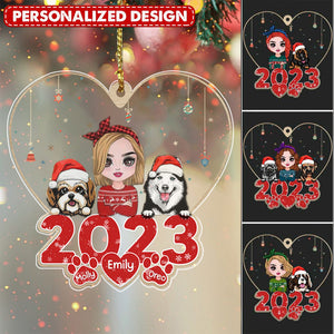 Christmas Pretty Dog Mom With Little Puppy Pet On 2023 Personalized Ornament