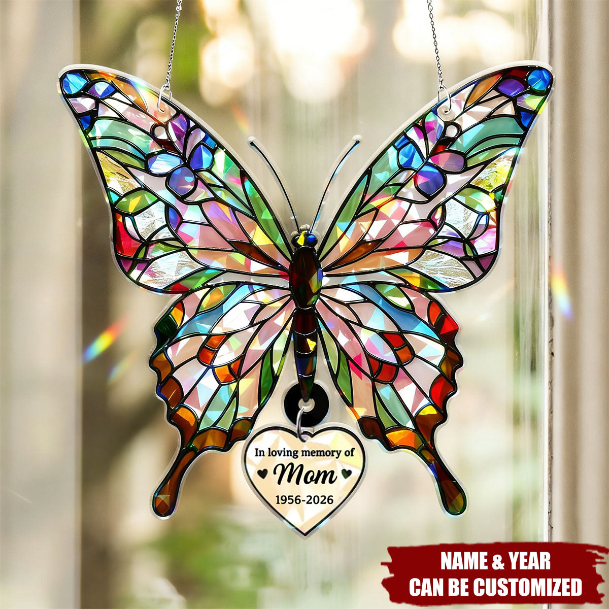 Personalized Butterfly Suncatcher with Hanging Heart, Memorial Gift for Mom