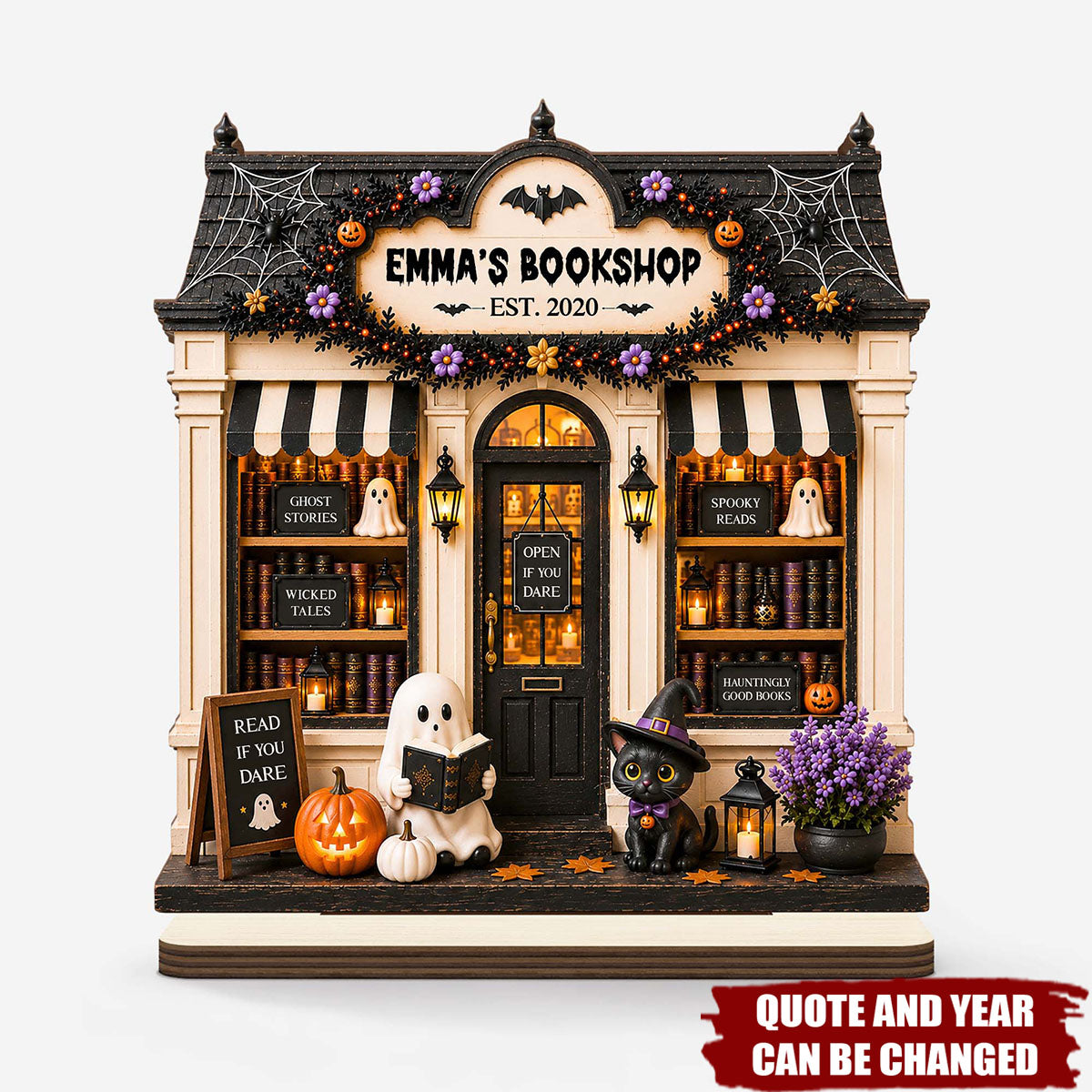 Personalized Halloween Bookshop Wooden Plaque - Spooky Custom Tabletop Sign