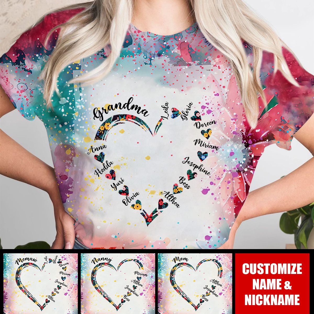 Floral Pattern Heart Grandma, Mom - Personalized 3D T-shirt