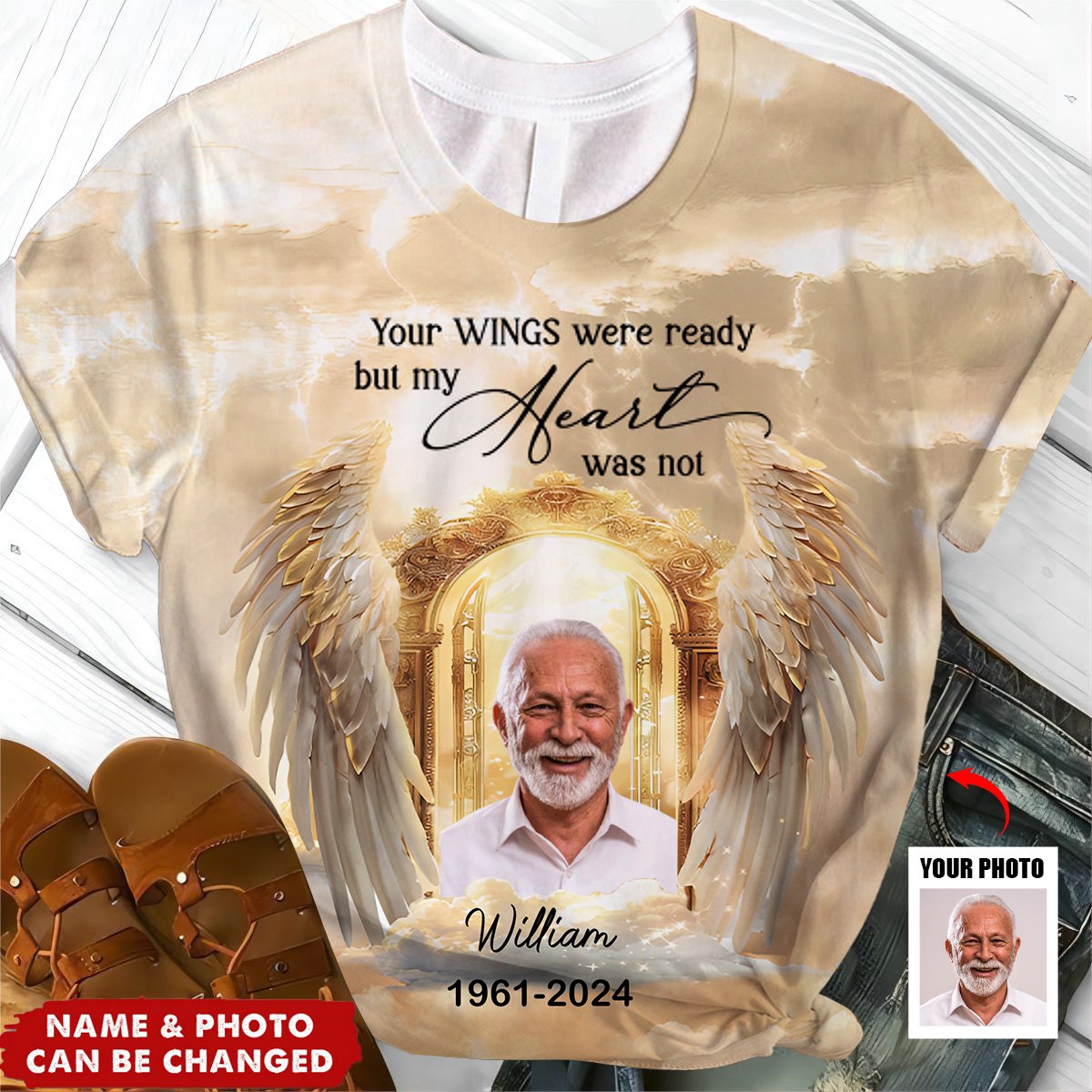 Personalized Upload Photo Sparkling Golden Angel Wings Heaven Gate, Your Wings Were Ready But My Heart Was Not