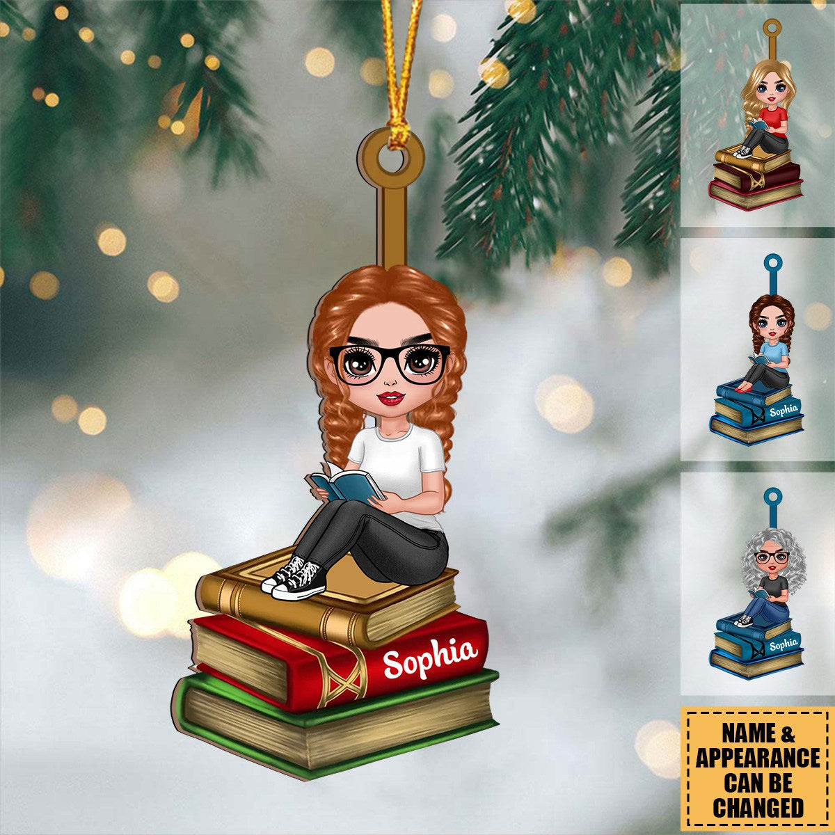 Reading Girls Sitting On Books Personalized Wooden Ornament