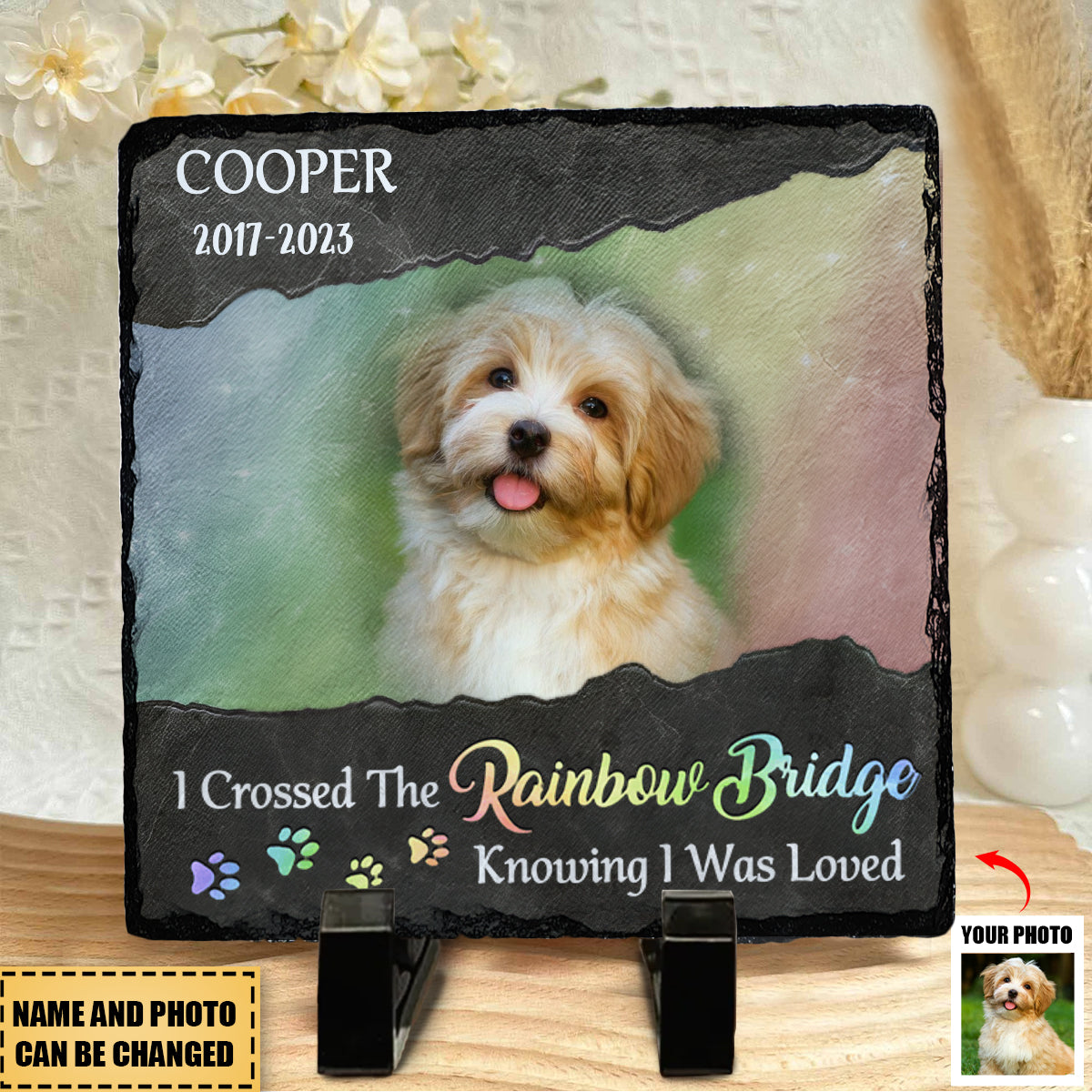 Custom Photo I Crossed The Rainbow Bridge Knowing I Was Loved - Memorial Personalized Custom Square Shaped Stone - Sympathy Gift For Pet Owners, Pet Lovers