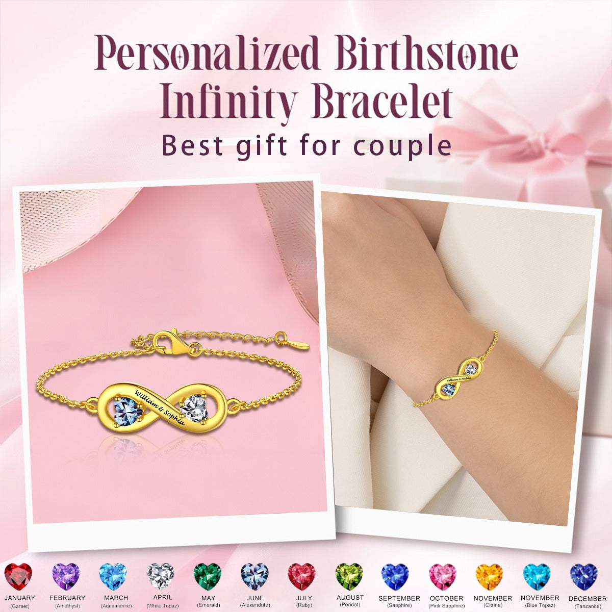 Personalized Name Birthstone Infinity Love Bracelet for Couple