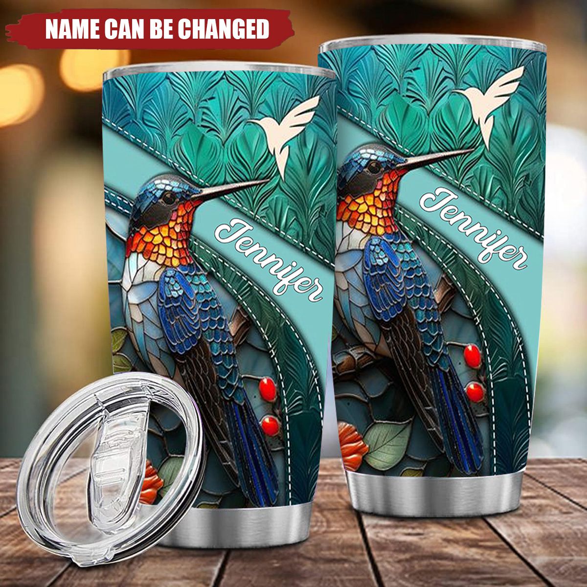 Personalized Stainless Steel Humming Bird White Pattern Tumbler