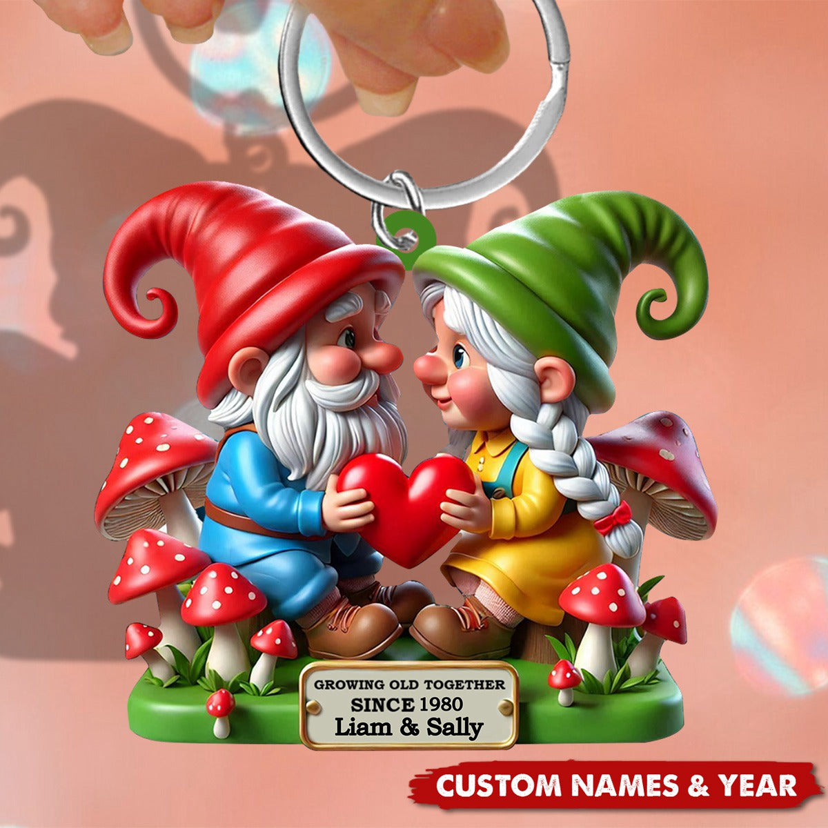 Growing Old Together Dwarf Holding Heart Personalized Couple Keychain